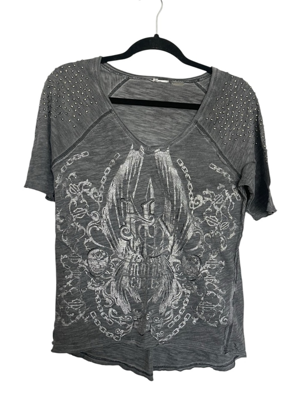 Harley-Davidson Gray Studded V-Neck Graphic Tee